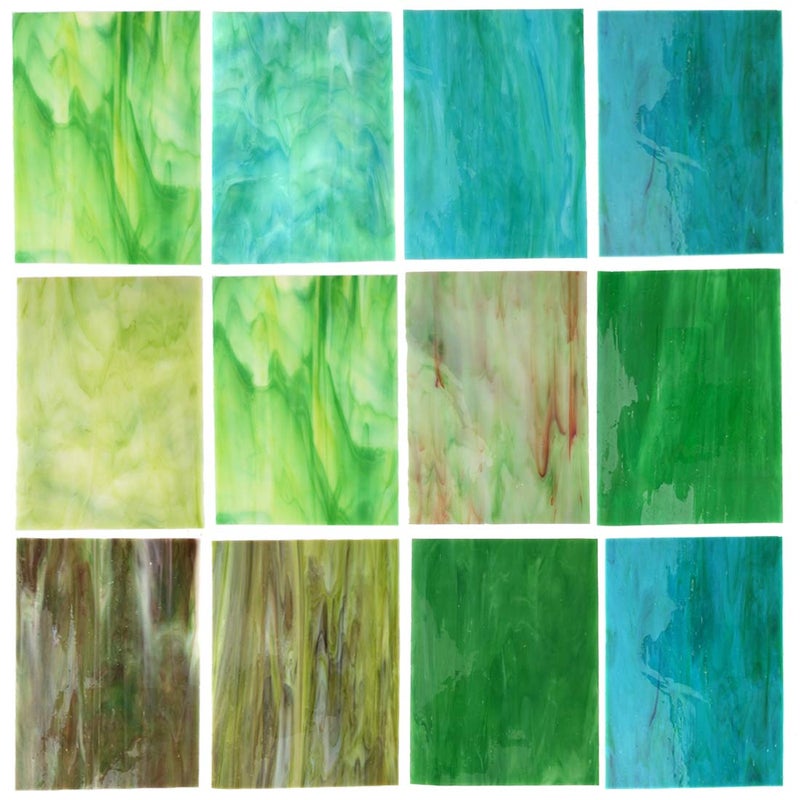 Lanyani 10 Sheets Variety Stained Glass Sheets Pack, 4 x 6 inch Large Cathedral Glass Mosaic Tiles for Crafts, Green Mixed - Image 1